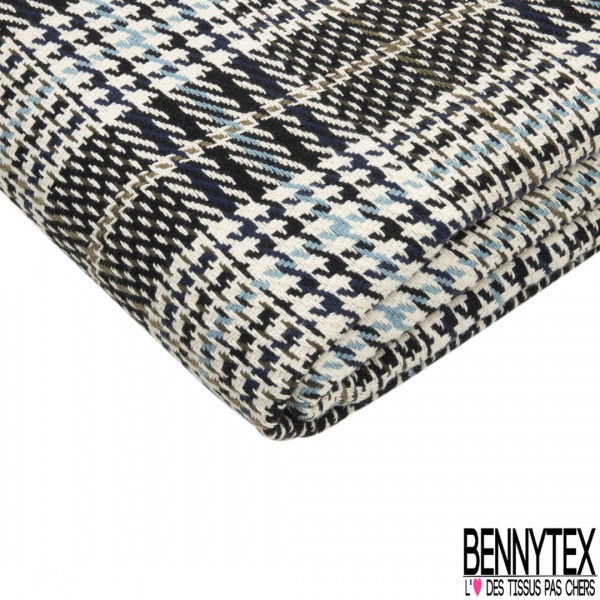 Coupon 3m coton natté imprimé grand carreau nuit bleu charron olive blanc cassé