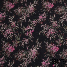 Fibranne viscose imprimé feuillage et fleur stylisés noir blanc fond ocre fine rayure verticale lurex or