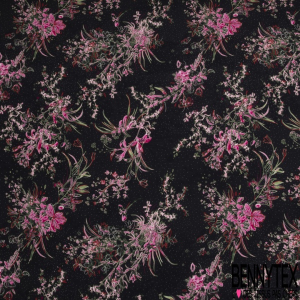 Fibranne viscose imprimé feuillage et fleur stylisés noir blanc fond ocre fine rayure verticale lurex or