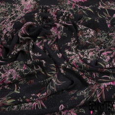 Fibranne viscose imprimé feuillage et fleur stylisés noir blanc fond ocre fine rayure verticale lurex or