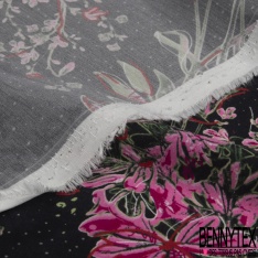 Fibranne viscose imprimé feuillage et fleur stylisés noir blanc fond ocre fine rayure verticale lurex or