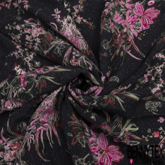 Fibranne viscose imprimé feuillage et fleur stylisés noir blanc fond ocre fine rayure verticale lurex or