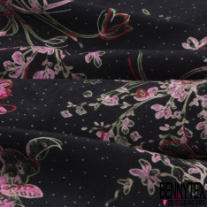 Fibranne viscose imprimé feuillage et fleur stylisés noir blanc fond ocre fine rayure verticale lurex or