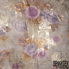 Mousseline polyester grande fleur artistique fond effet coup de pinceau verticale ton bleu insigne bleu graphite