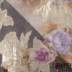 Mousseline polyester grande fleur artistique fond effet coup de pinceau verticale ton bleu insigne bleu graphite