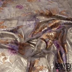 Mousseline polyester grande fleur artistique fond effet coup de pinceau verticale ton bleu insigne bleu graphite