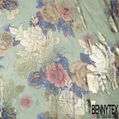Mousseline polyester grande rose ton colombin feuillage mylar or