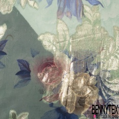 Mousseline polyester grande rose ton colombin feuillage mylar or