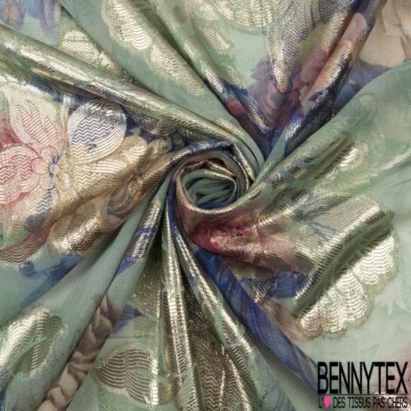 Mousseline polyester grande rose ton colombin feuillage mylar or