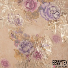 Mousseline polyester grande rose ton grenadine feuillage mylar or