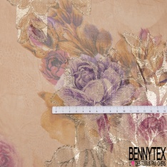 Mousseline polyester grande rose ton grenadine feuillage mylar or