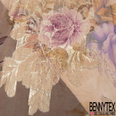 Mousseline polyester grande rose ton grenadine feuillage mylar or