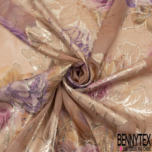 Mousseline polyester grande rose ton grenadine feuillage mylar or