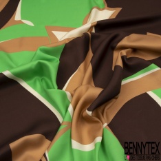 Satin Viscose imprimé abstrait thème ethnique chocolat fond beige givré