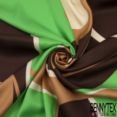 Satin Viscose imprimé abstrait thème ethnique chocolat fond beige givré