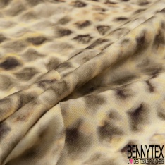 Satin Viscose imprimé grand motif abstrait ton vert Brésil chocolat beige blanc cassé seventie's