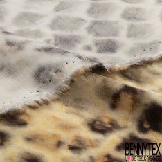 Satin Viscose imprimé grand motif abstrait ton vert Brésil chocolat beige blanc cassé seventie's