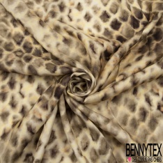 Satin Viscose imprimé grand motif abstrait ton vert Brésil chocolat beige blanc cassé seventie's