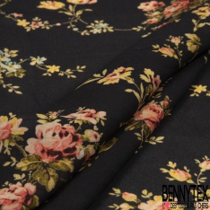 Crêpe viscose fin imprimé immense fleur crème contour noir fond rouge cerise