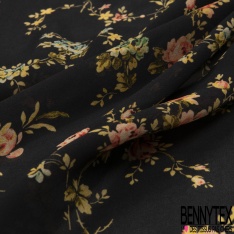 Crêpe viscose fin imprimé immense fleur crème contour noir fond rouge cerise