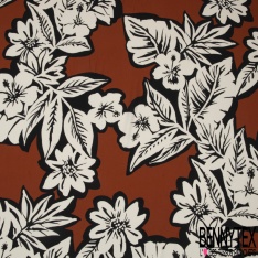 Crêpe viscose fin imprimé immense fleur crème contour noir fond rouge cerise