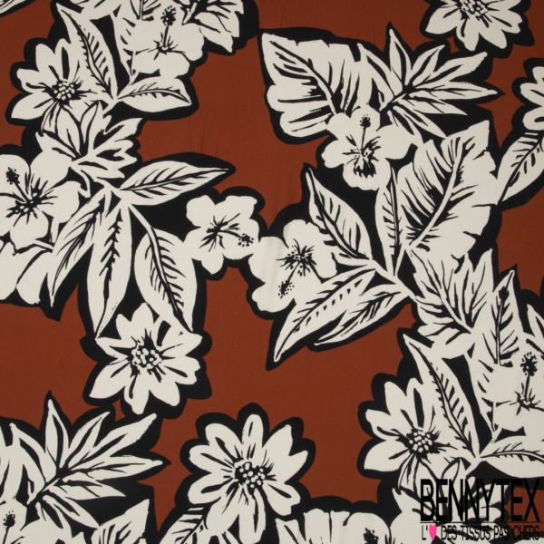 Crêpe viscose fin imprimé immense fleur crème contour noir fond rouge cerise