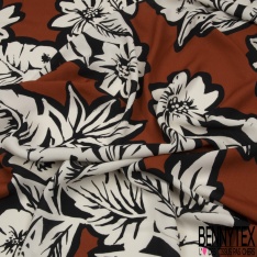 Crêpe viscose fin imprimé immense fleur crème contour noir fond rouge cerise