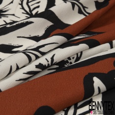 Crêpe viscose fin imprimé immense fleur crème contour noir fond rouge cerise