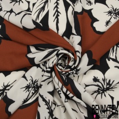 Crêpe viscose fin imprimé immense fleur crème contour noir fond rouge cerise