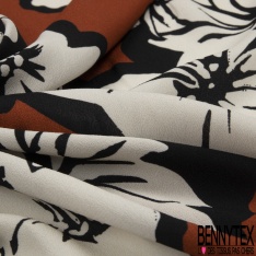 Crêpe viscose fin imprimé immense fleur crème contour noir fond rouge cerise