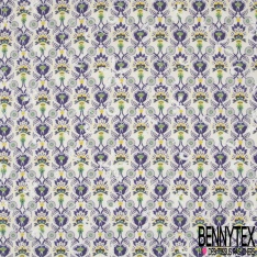 Coton brodé imprimé floral champêtre cachemire ton violet vert jaune fond blanc discret