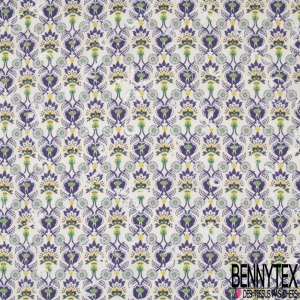 Coton brodé imprimé floral champêtre cachemire ton violet vert jaune fond blanc discret