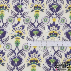 Coton brodé imprimé floral champêtre cachemire ton violet vert jaune fond blanc discret