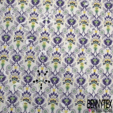 Coton brodé imprimé floral champêtre cachemire ton violet vert jaune fond blanc discret