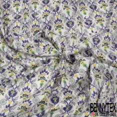Coton brodé imprimé floral champêtre cachemire ton violet vert jaune fond blanc discret