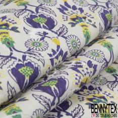 Coton brodé imprimé floral champêtre cachemire ton violet vert jaune fond blanc discret