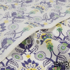 Coton brodé imprimé floral champêtre cachemire ton violet vert jaune fond blanc discret
