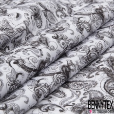 Popeline coton élasthanne imprimé grande rayure verticale motif fantaisie abstrait balnc discret marine