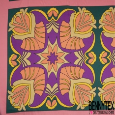 Twill satiné polyester imprimé carreaux de ciment ton roux vert angalis orange fond noir