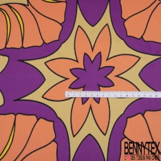 Twill satiné polyester imprimé carreaux de ciment ton roux vert angalis orange fond noir