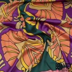 Twill satiné polyester imprimé carreaux de ciment ton roux vert angalis orange fond noir