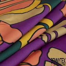 Twill satiné polyester imprimé carreaux de ciment ton roux vert angalis orange fond noir