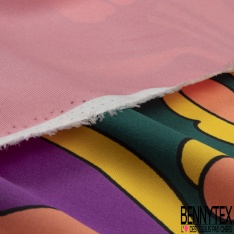 Twill satiné polyester imprimé carreaux de ciment ton roux vert angalis orange fond noir