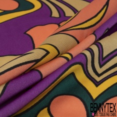 Twill satiné polyester imprimé carreaux de ciment ton roux vert angalis orange fond noir