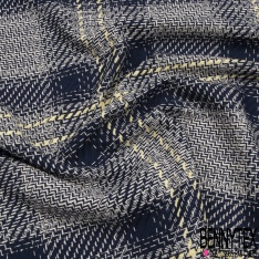 Coupon 3m coton natté carreau blanc cassé bleu nuit jaune pastel
