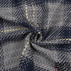 Coupon 3m coton natté carreau blanc cassé bleu nuit jaune pastel