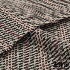 Coupon 3m coton natté rayure chinée blanc cassé noir olive rouge souris