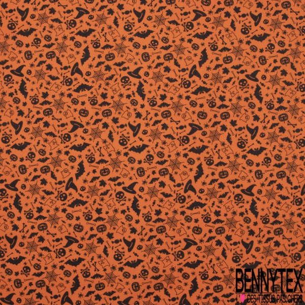 Coton imprimé toile araignée bonbon sorcière chauve-souris halloween fond orange