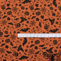 Coton imprimé toile araignée bonbon sorcière chauve-souris halloween fond orange