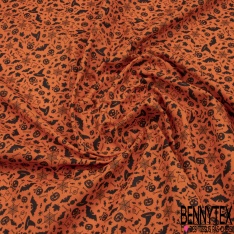 Coton imprimé toile araignée bonbon sorcière chauve-souris halloween fond orange